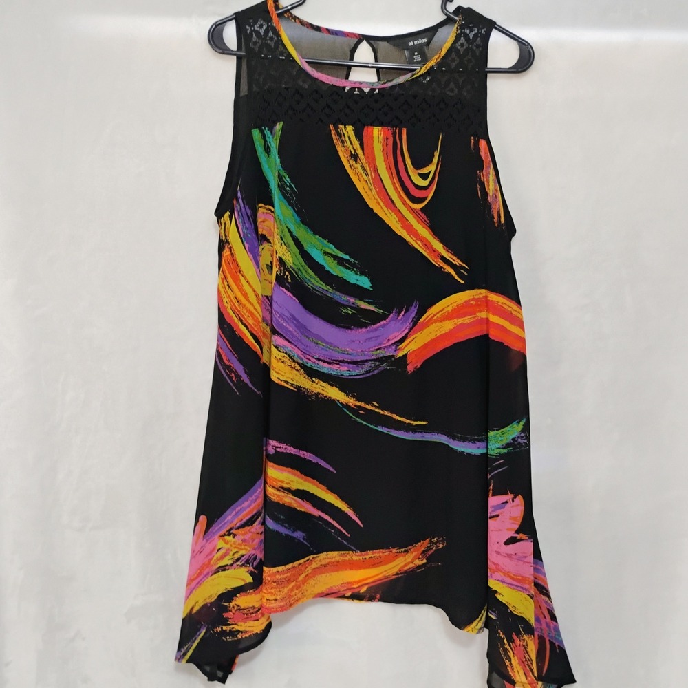 Ali Miles Womens Medium Abstract Brushstroke Lace Trim Sleeveless Swing Dress